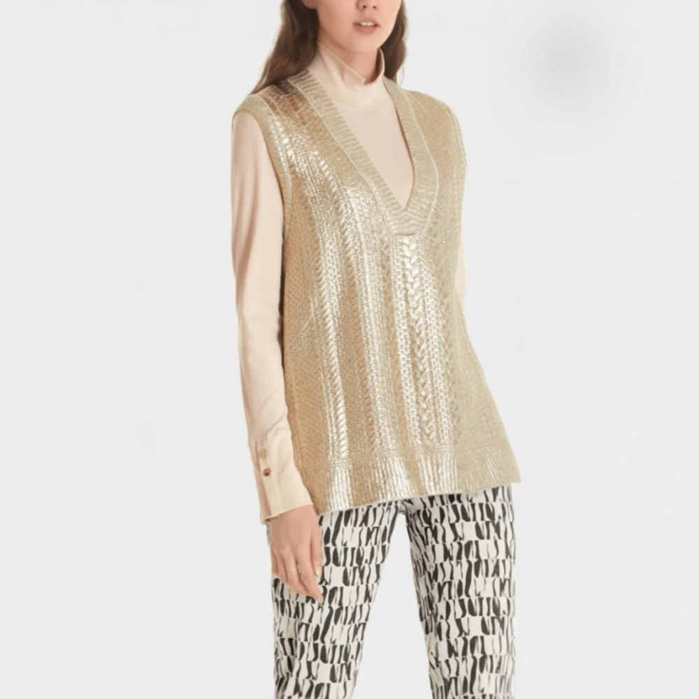 Marc Cain Gold Cable Knit Sweater Vest Tunic‎ Medium German Metallic Luxury Top
